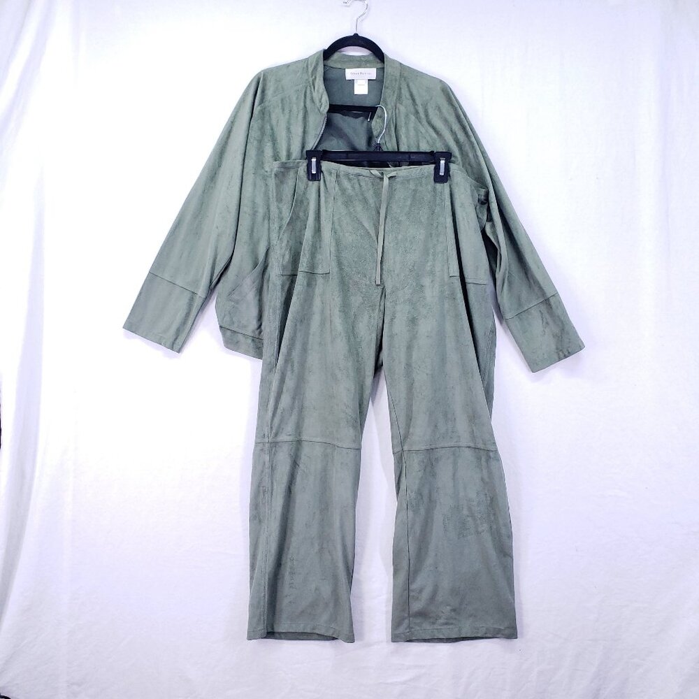 Susan Bristol Sage Green Suede 2 Piece Lounge Set Sweater Wide Leg Pants Size XL